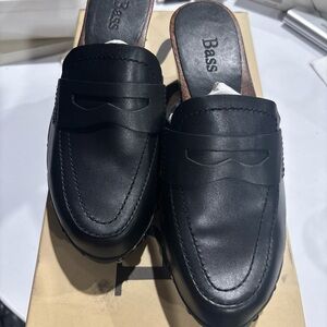 Vintage Bass Black Leather Penny Slip-On Wood Clog Mules Studs East Village NIB